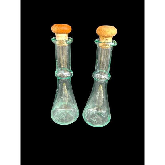 Set 2 Italian Cruet Glass Bottle Cork Stopper Green Tinted Embossed Glass 156ml - Picture 1 of 5